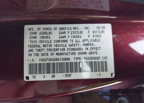 2008 Honda Accord 2.4 Lx-P from USA, damaged, VIN 1HGCP26408A134884